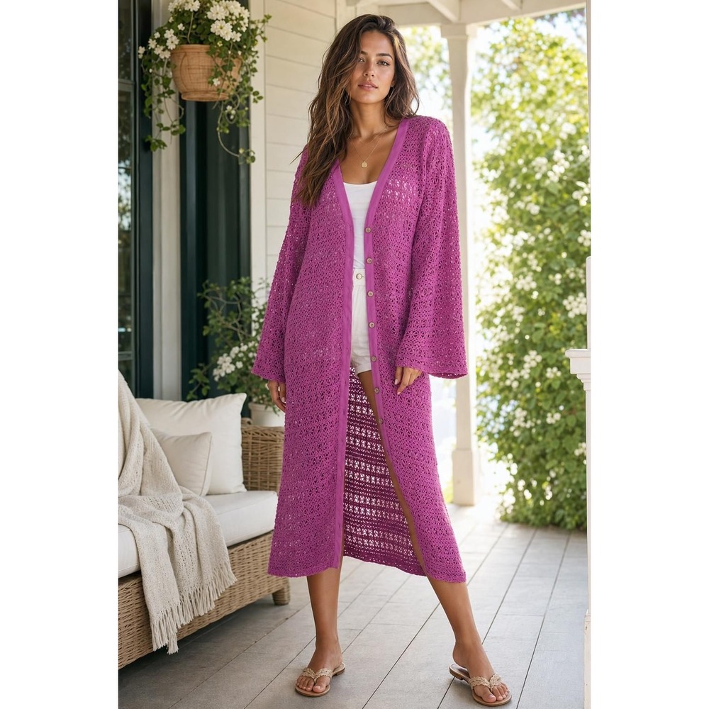 Peace Love World Crochet Duster Cardigan Women's XLP Pink Boho Festival Coastal